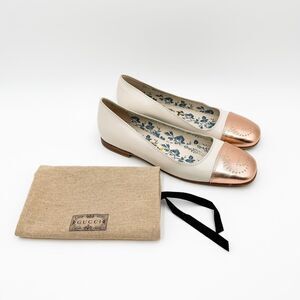 Gucci Hills Ballet Flat White Rose Gold Size 37, 7 Cap Toe GG Logo Leather